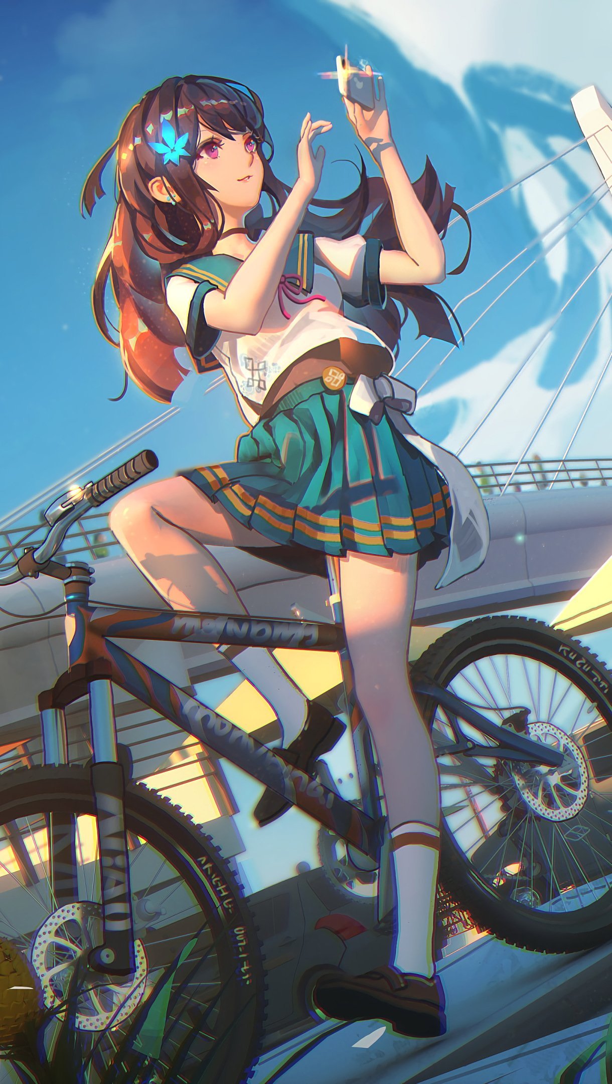 Anime chica estudiante en bicicleta