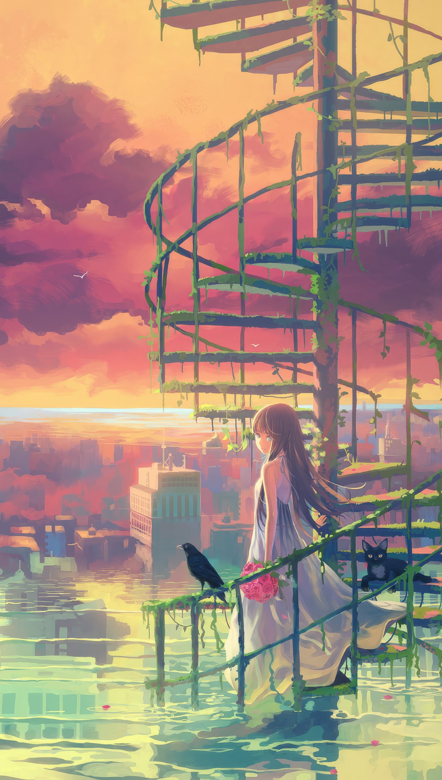 Anime pintura paisaje con chica