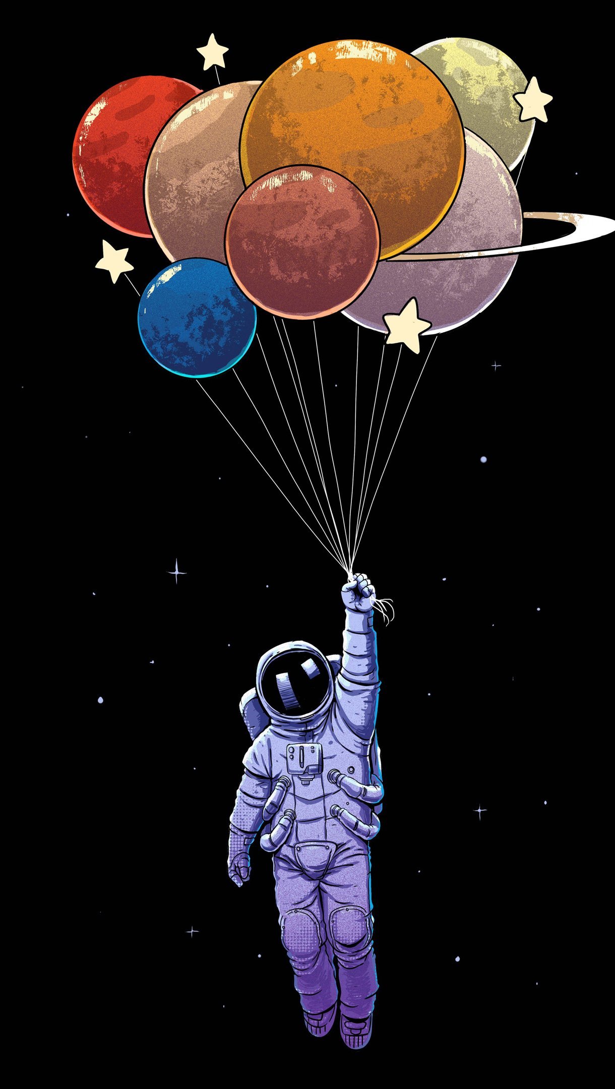 Astronauta con globos como planetas