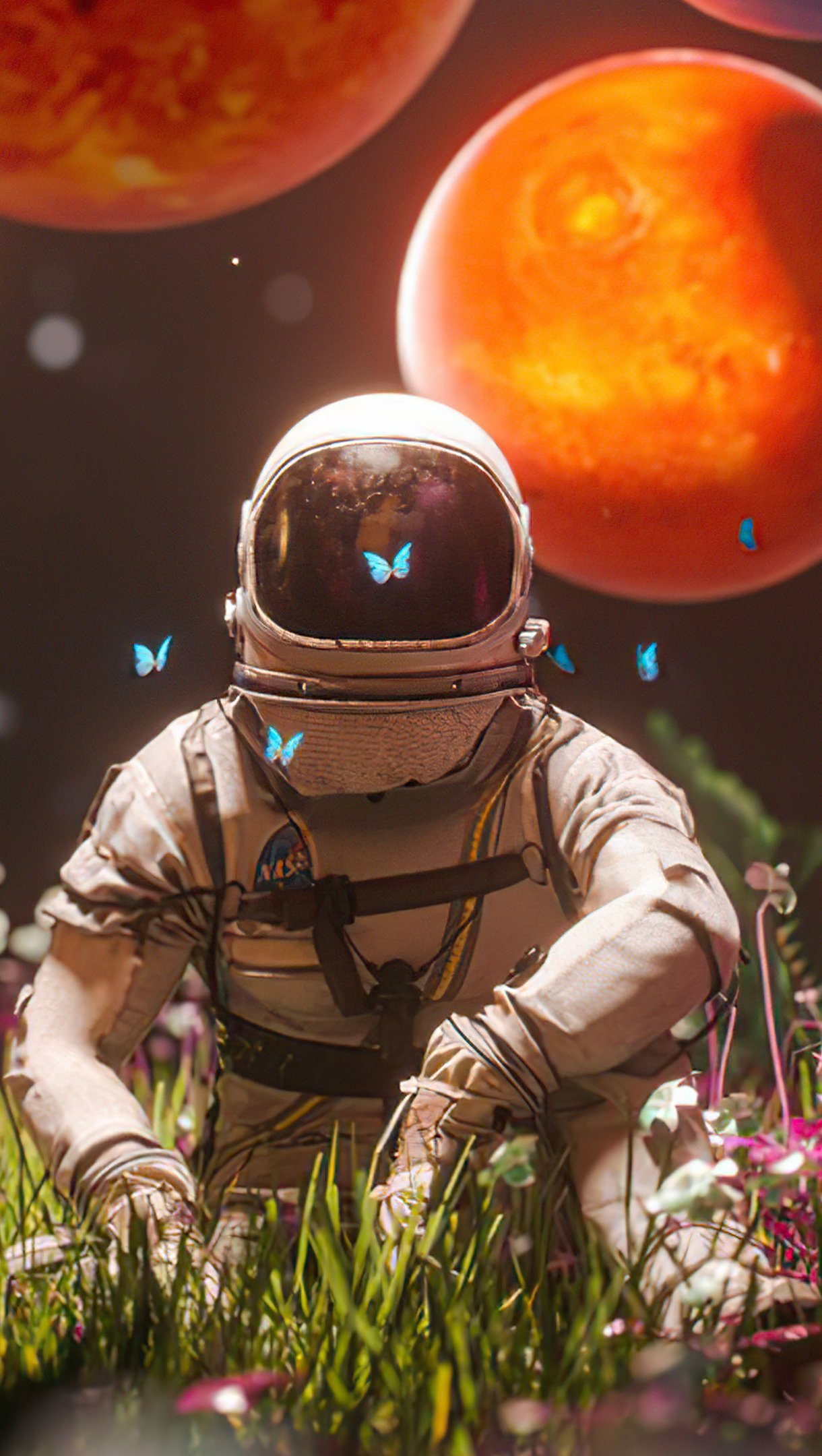 Astronauta con planetas y flores