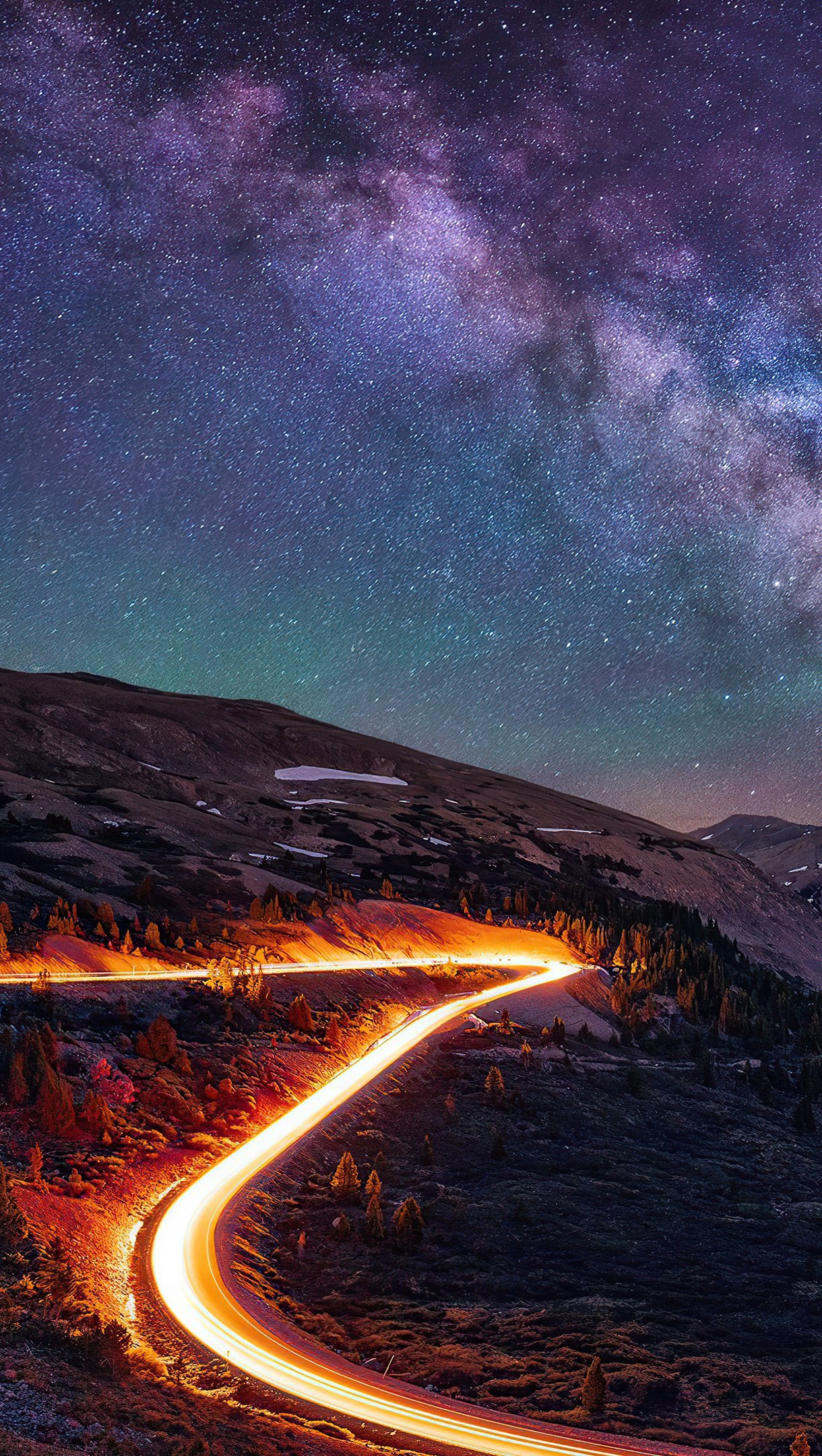 Camino durante noche estrellada