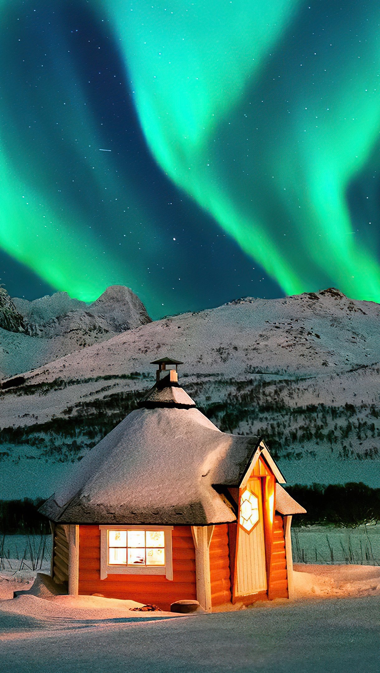 Casa en el invierno con aurora polar en las montañas