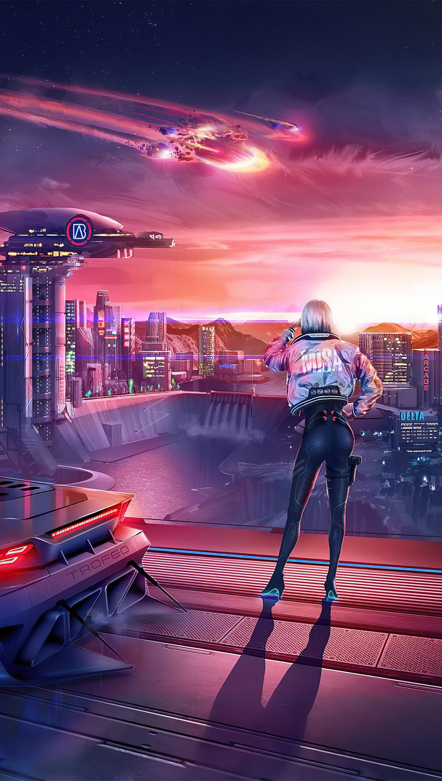 Chica en vista de la ciudad Cyberpunk