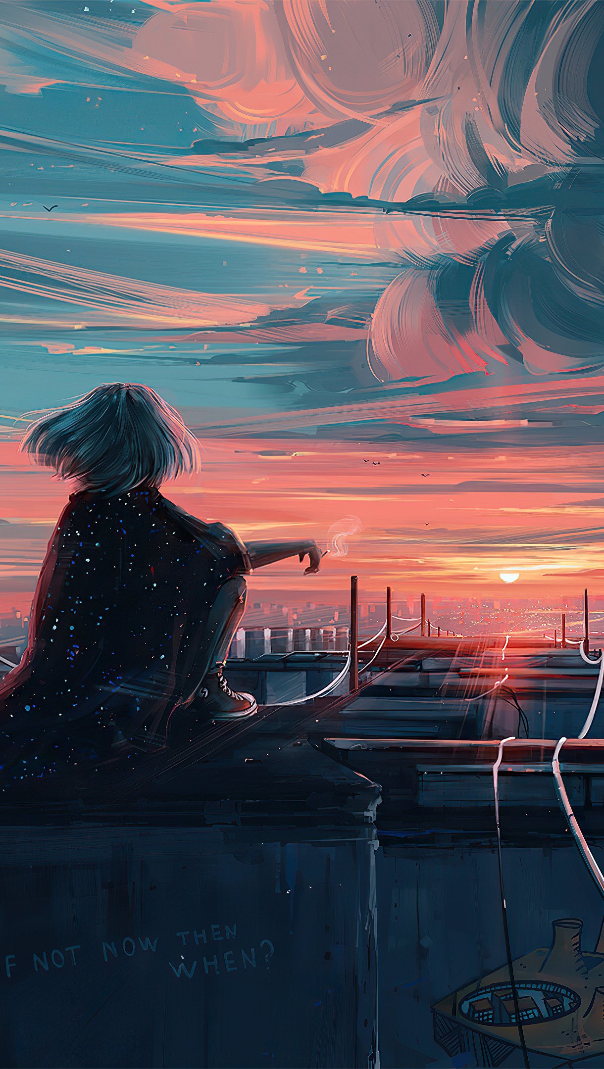 Chica viendo el atardecer ilustración