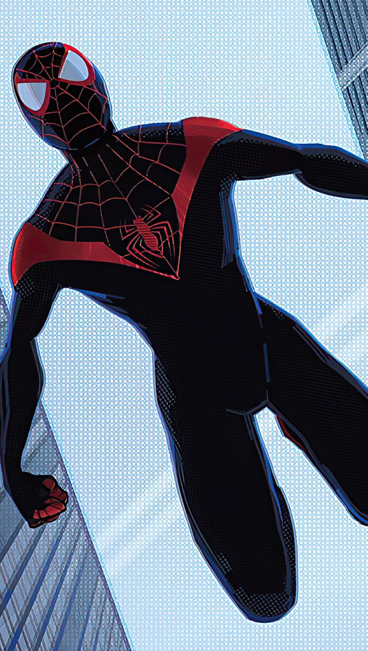 El hombre araña Miles Morales cayendo entre edificios