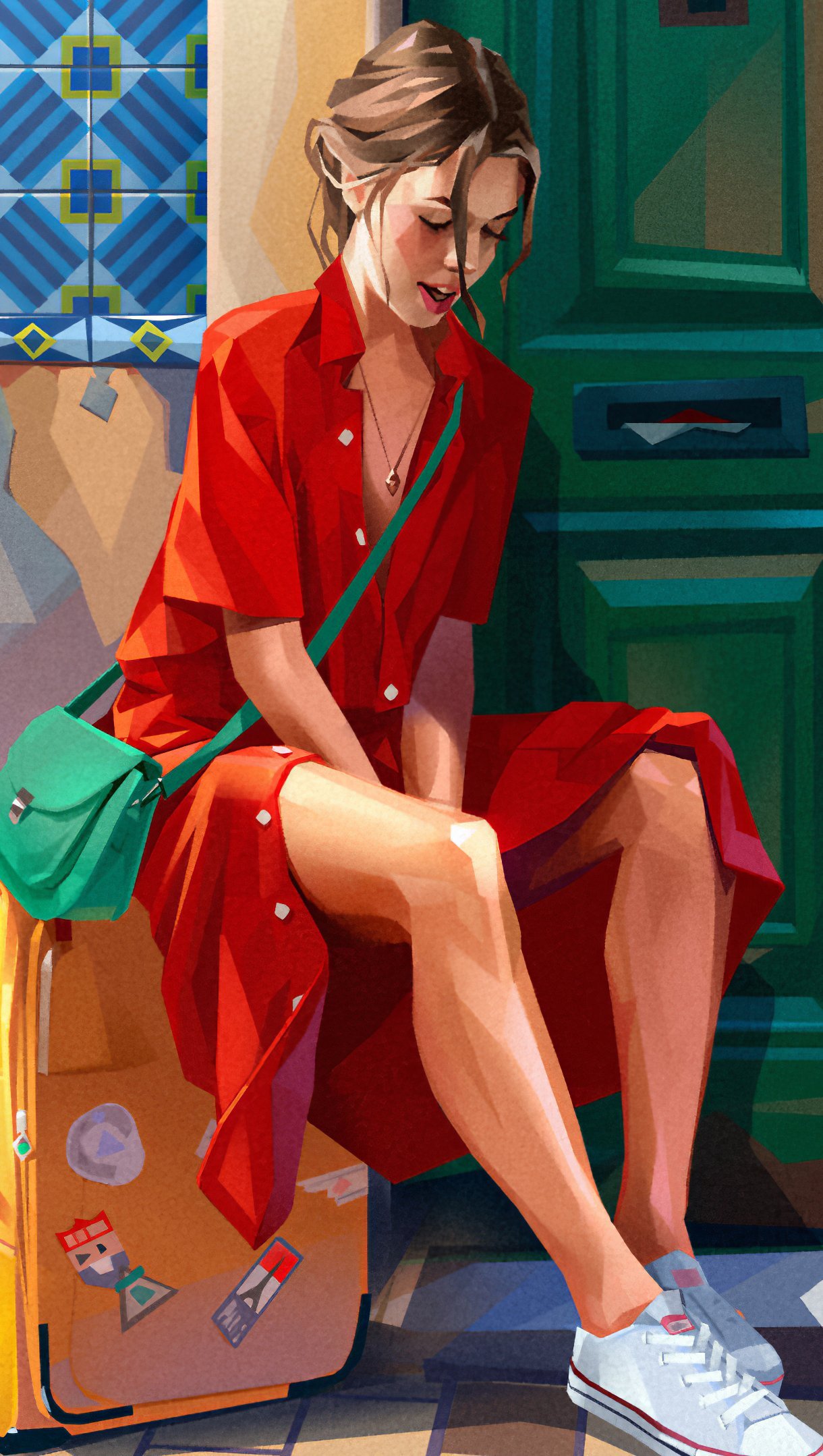 Ilustración de una chica en vestido rojo