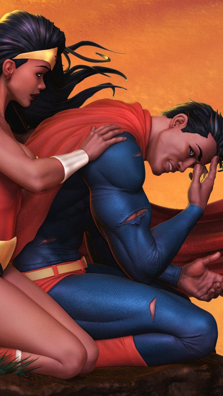 La mujer maravilla abrazando a Superman