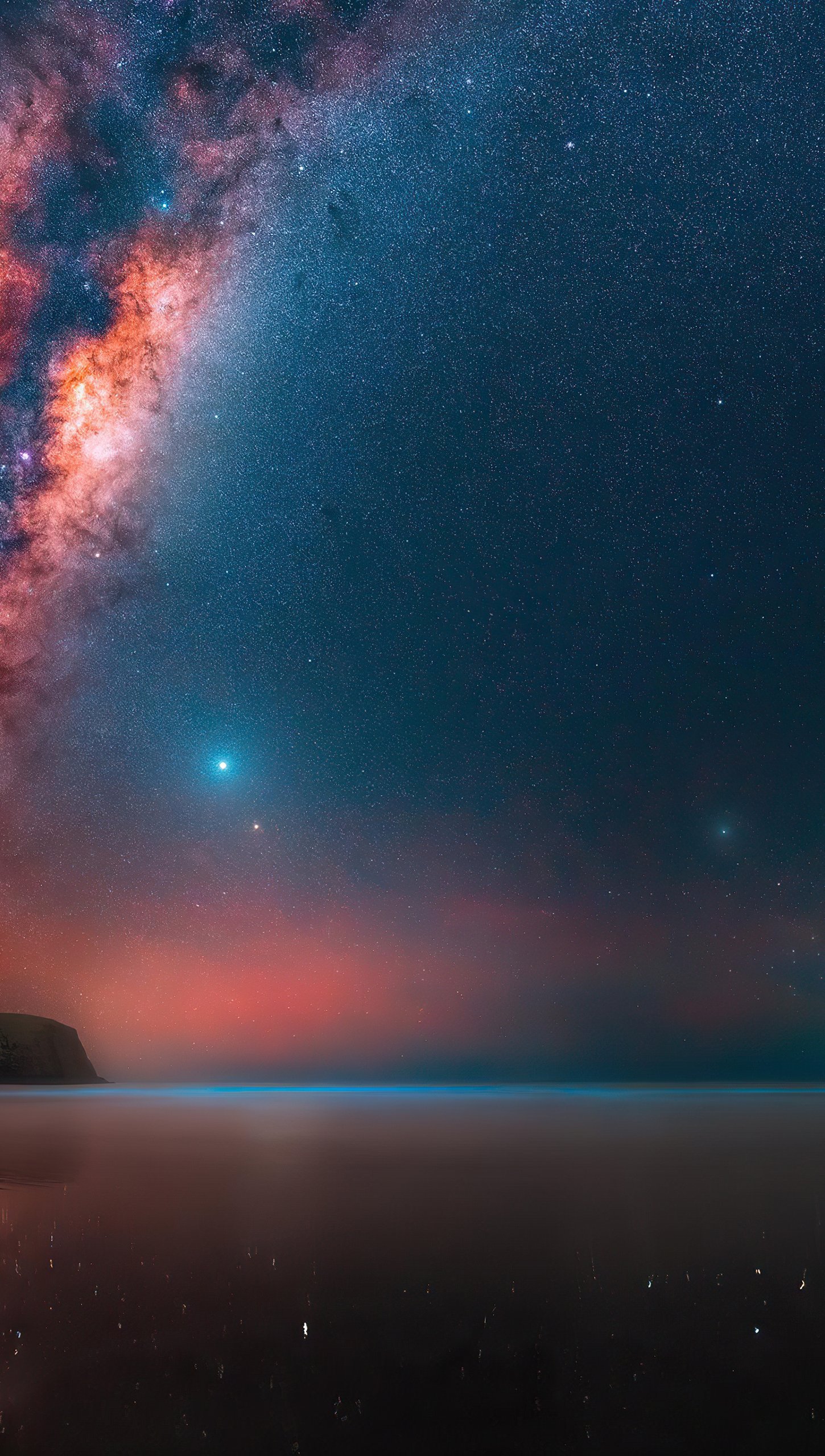 La via lactea en paisaje de lago y montañas