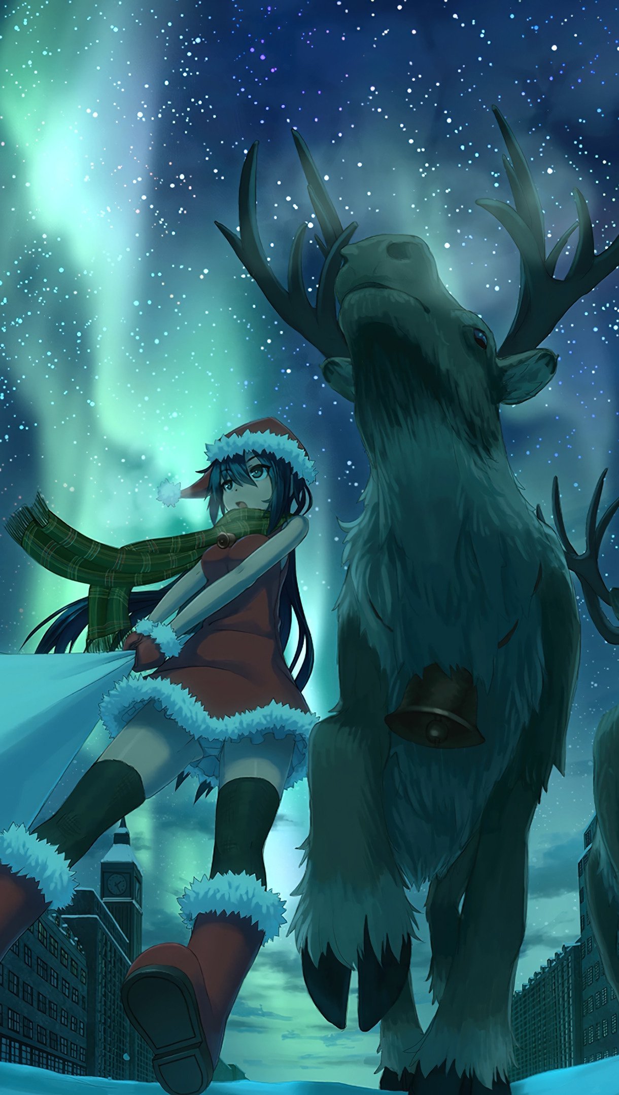 Navidad reno anime santa niña aurora boreal