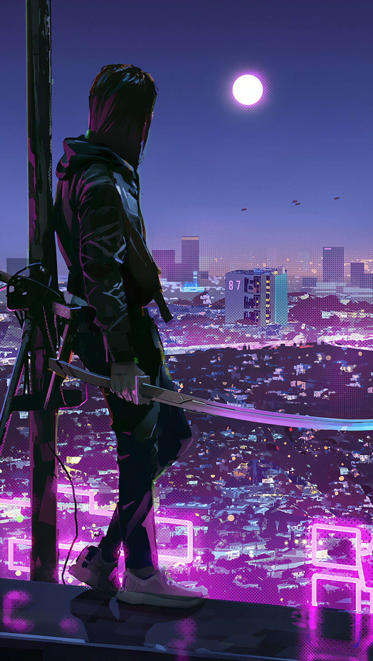 Ninja Katana Sci-Fi City Neon Lights