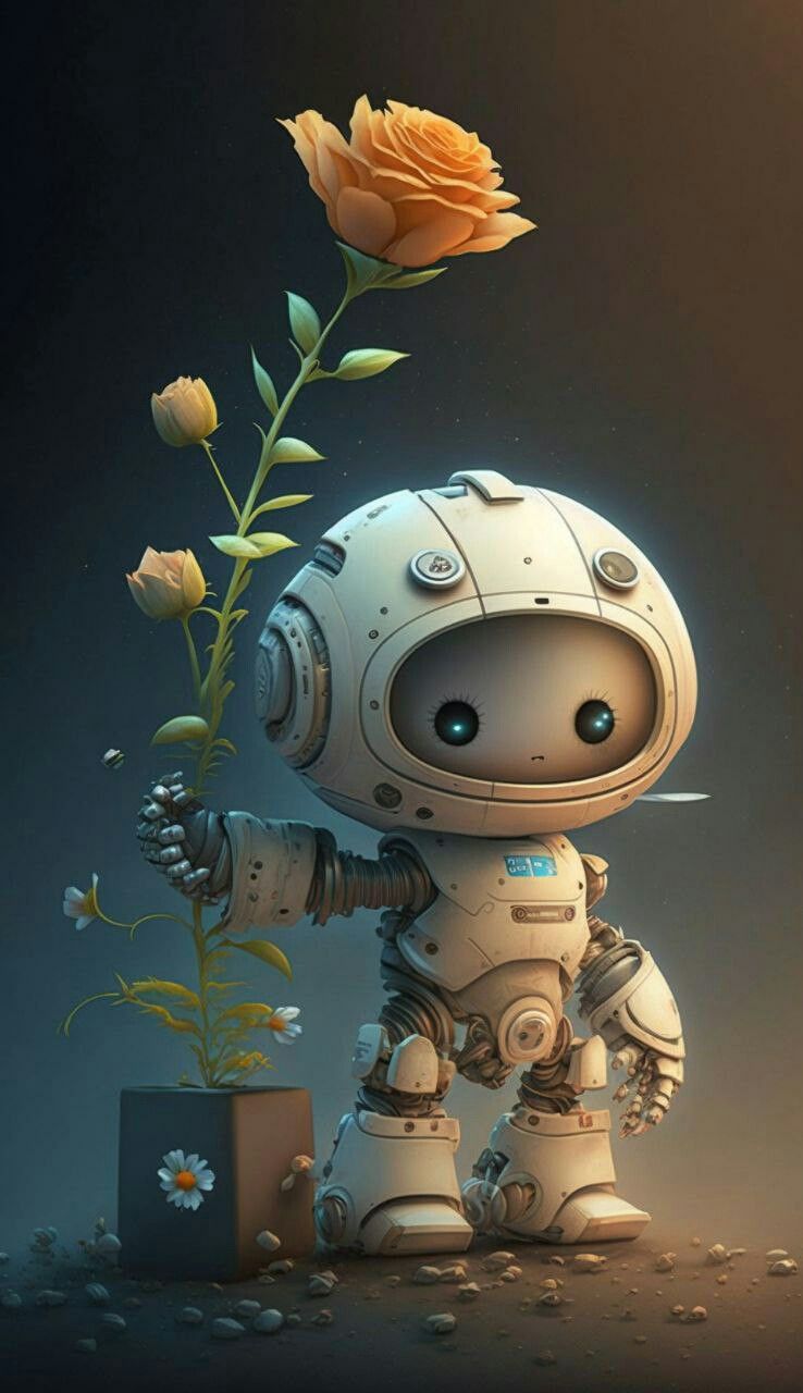 Pequeño Robot  con una flor en las manos