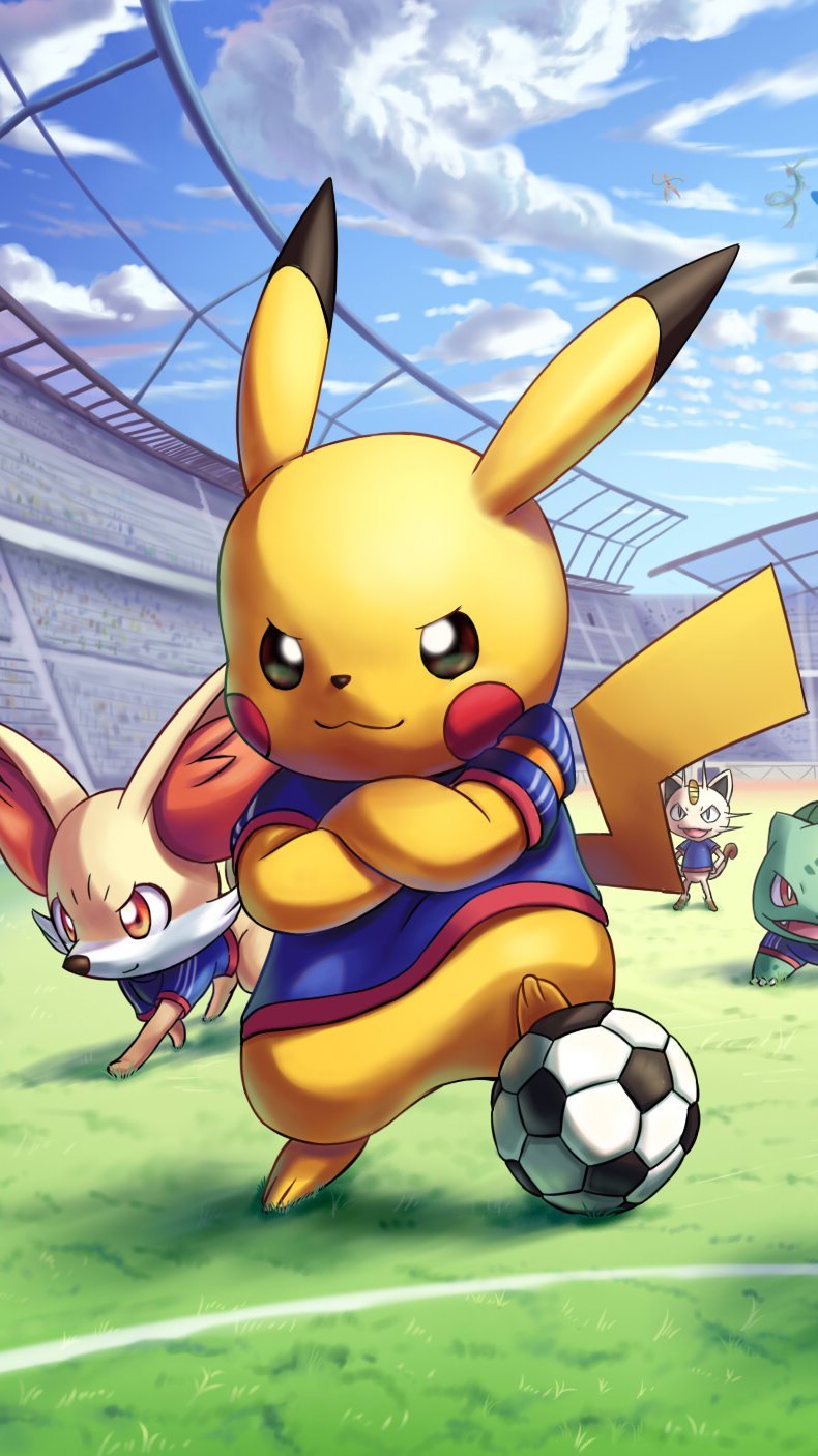 Personajes de Pokemon jugando futbol