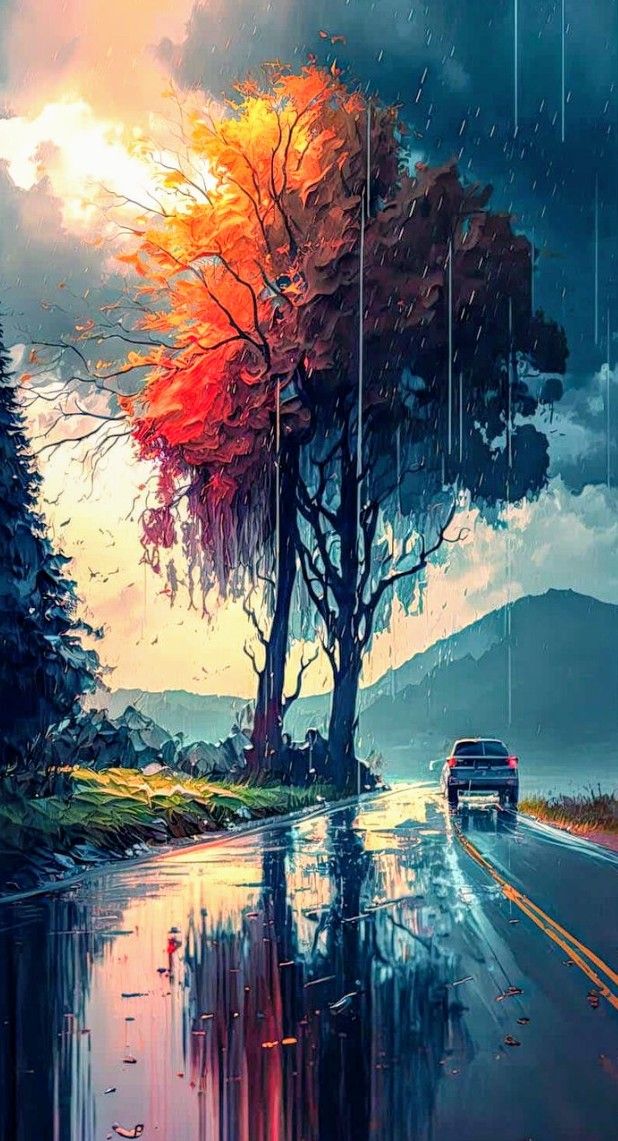 Pintura de dos paisaje con  carretera