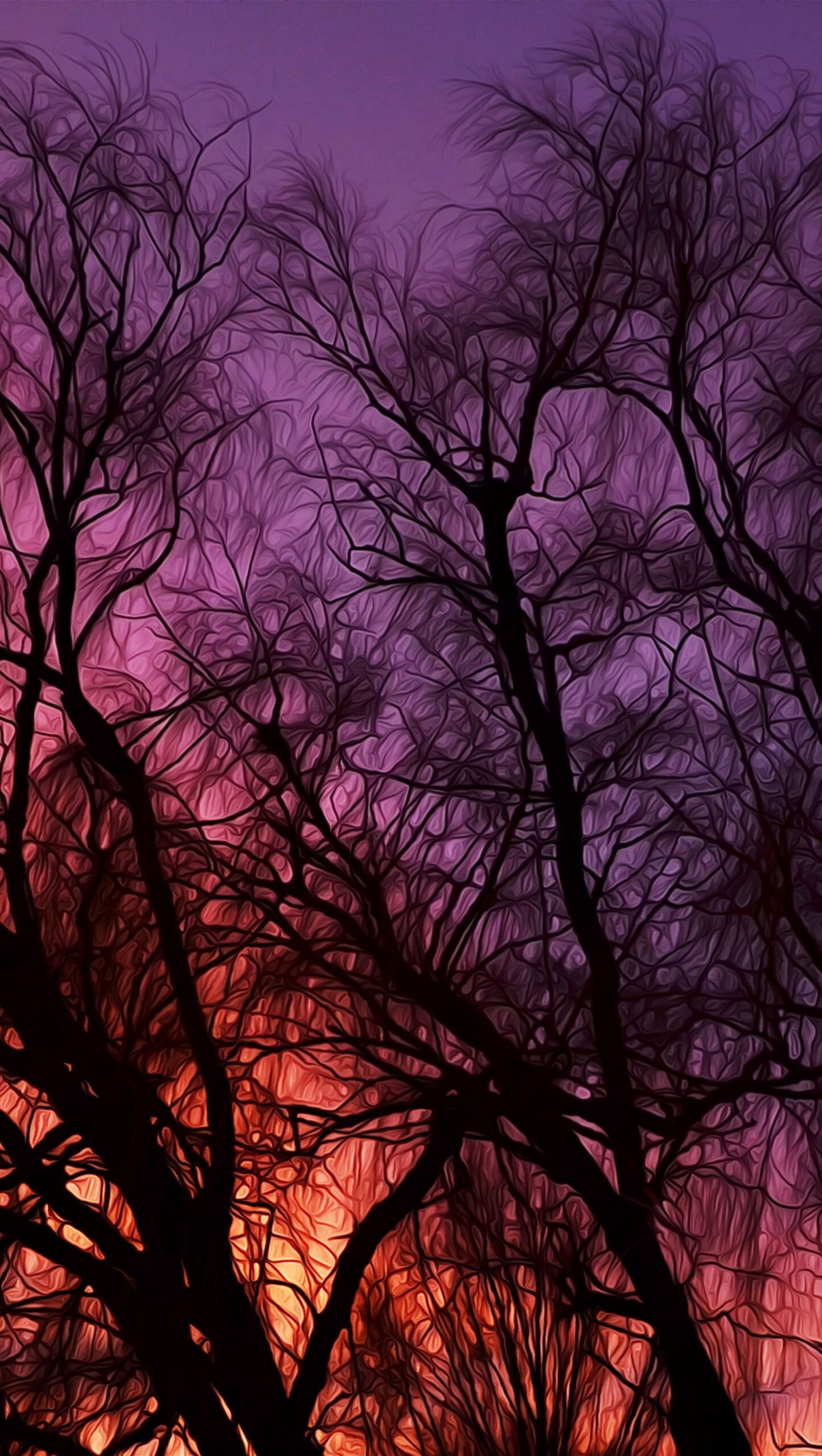 Pintura de ramas de árboles en atardecer