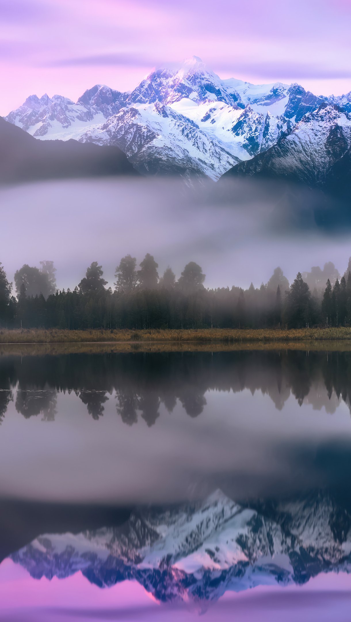 Reflejo de montañas y pinos en lago