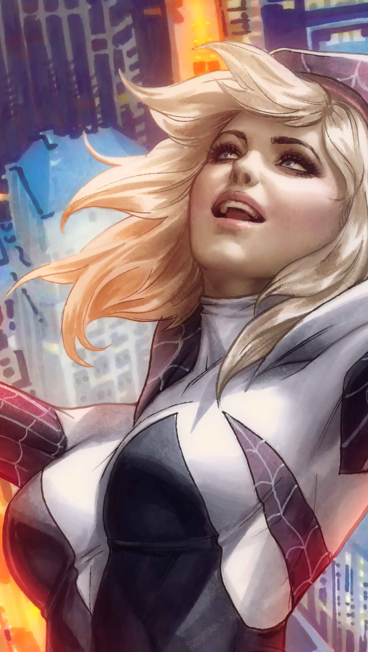 Spider Gwen cayendo en rascacielos de Nueva York