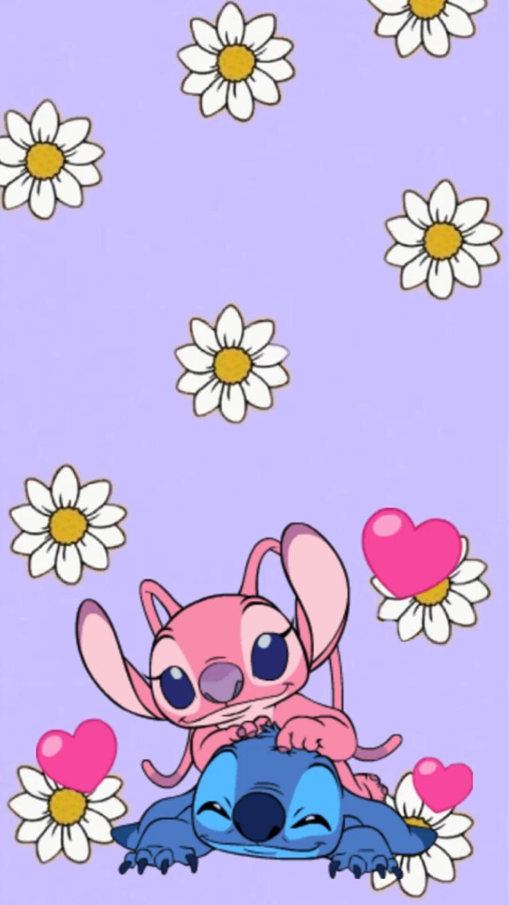 Stitch y Angel Amor fondo con flores