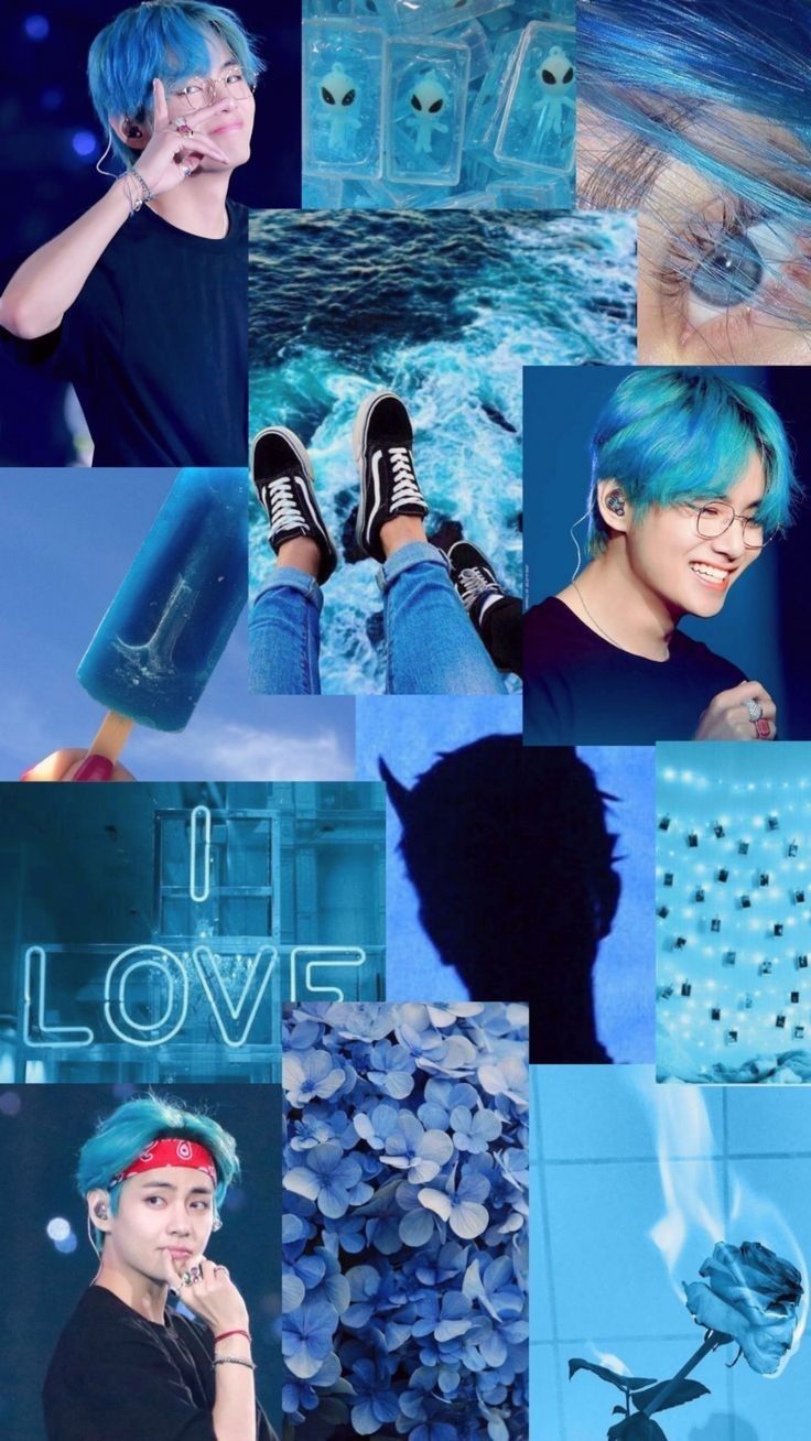 V super collage con fondo azul